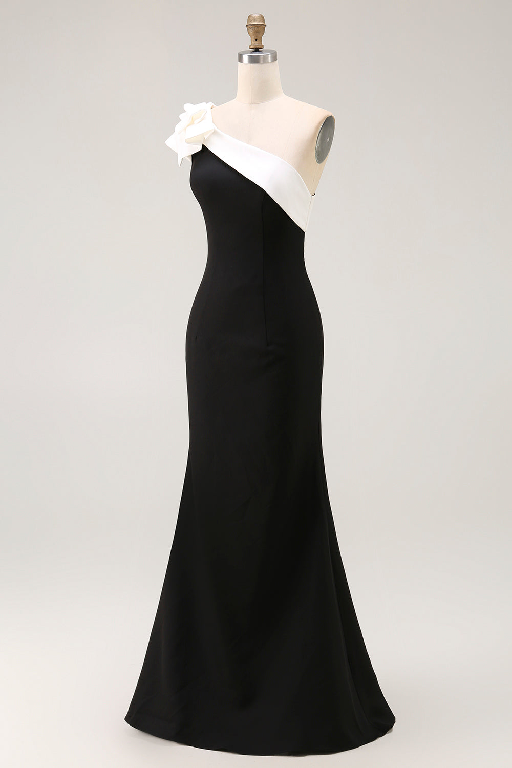 Black One Shoulder Satin Mermaid Long Black Tie Dress