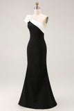 Black One Shoulder Satin Mermaid Long Black Tie Dress