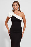 Black Satin One Shoulder Long Black Tie Dress