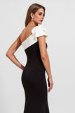 Black Satin One Shoulder Long Black Tie Dress