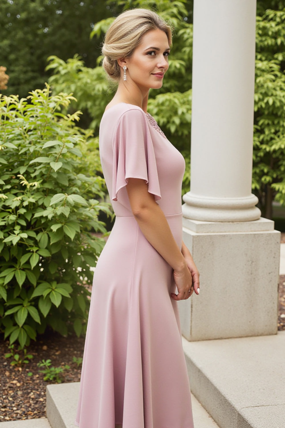 Dusty Rose Satin Boat Neck Long Mother of the Bride Dress with Sleeves