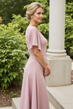 Dusty Rose Satin Boat Neck Long Mother of the Bride Dress with Sleeves
