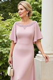 Dusty Rose Satin Boat Neck Long Mother of the Bride Dress with Sleeves