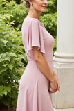 Dusty Rose Satin Boat Neck Long Mother of the Bride Dress with Sleeves