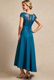Peacock Blue A Line Appliques Long Mother of the Bride Dress with Cap Sleeves