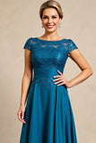 Peacock Blue A Line Appliques Long Mother of the Bride Dress with Cap Sleeves