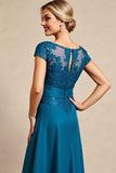 Peacock Blue A Line Appliques Long Mother of the Bride Dress with Cap Sleeves
