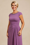 Purple Chiffon Sheath Midi Mother of the Bride Dress with Sleeves