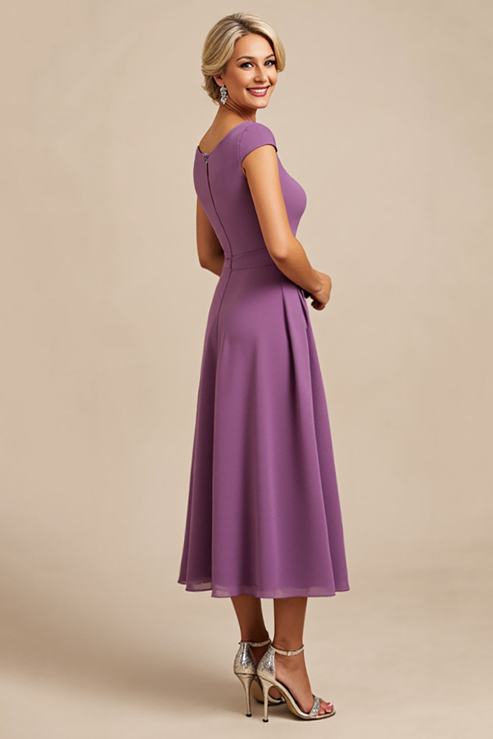 Purple Chiffon Sheath Midi Mother of the Bride Dress with Sleeves
