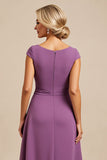 Purple Chiffon Sheath Midi Mother of the Bride Dress with Sleeves