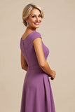 Purple Chiffon Sheath Midi Mother of the Bride Dress with Sleeves