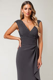 Steel Grey V-Neck Ruffled Long Mother of the Bride Dress