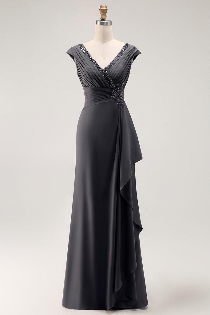 Zapakasa Women Steel Grey V-Neck Ruffled Long Mother of the Bride Dress