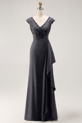 Steel Grey Sheath V-Neck Long Mother of the Bride Dress with Ruffles