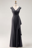 Steel Grey Sheath V-Neck Long Mother of the Bride Dress with Ruffles