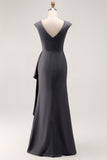 Steel Grey Sheath V-Neck Long Mother of the Bride Dress with Ruffles