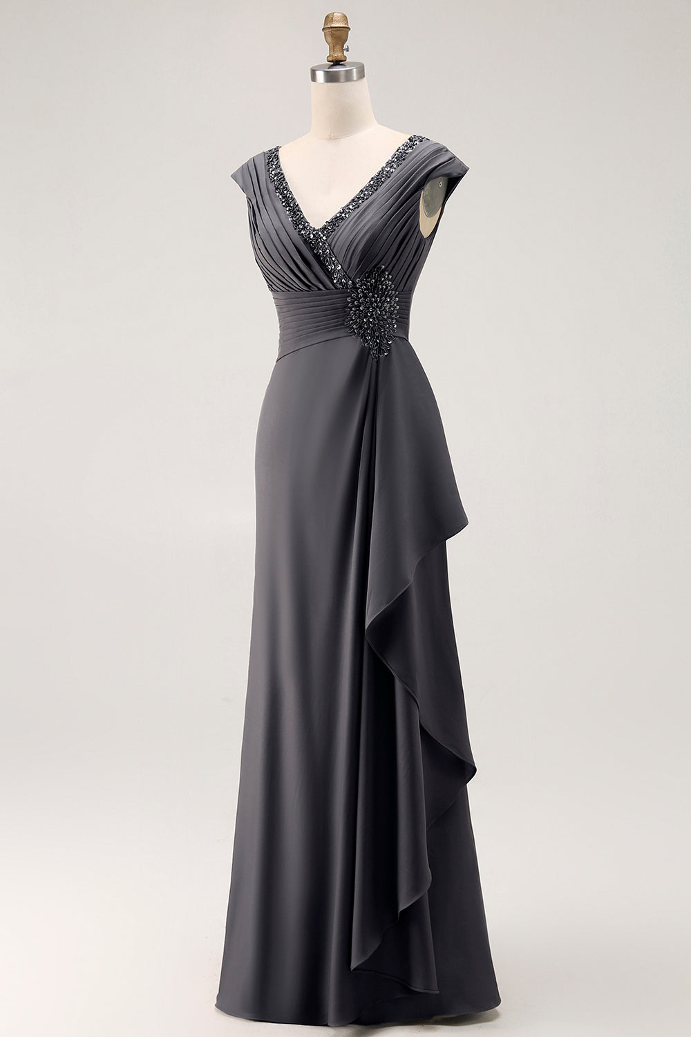Zapaka Women Steel Grey Mermaid Long Mother of The Bride Dress With Ruffle V Neck Chiffon Wedding Guest Dress With Appliques, Steel Grey / US18W