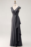 Steel Grey Sheath V-Neck Long Mother of the Bride Dress with Ruffles