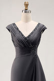 Steel Grey Sheath V-Neck Long Mother of the Bride Dress with Ruffles