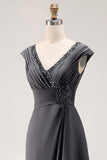 Steel Grey Sheath V-Neck Long Mother of the Bride Dress with Ruffles
