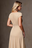 Champagne Sheath Ruched Long Satin Mother of the Bride Dress