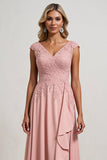 Blush A line V-Neck Asymmetrical Long Mother of the Bride Dress with Ruffles
