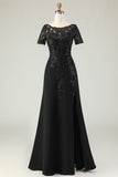 Black Sheath Appliques Long Mother of the Bride Dress with Slit
