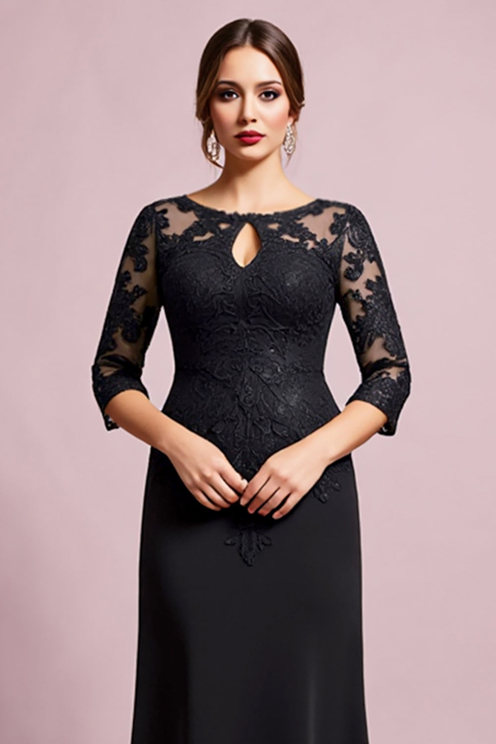 Black Sheath Keyhole Long Mother of the Bride Dress with 3/4 Sleeves