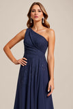 Navy One Shoulder A Line Asymmetrical Long Mother of the Bride Dress