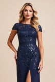 Sparkly Navy Sheath Cap Sleeves Long Mother of the Bride Dress with Slit