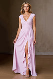 Candy Pink V-Neck Ruffled Long Mother of the Bride Dress with Slit