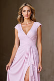 Candy Pink V-Neck Ruffled Long Mother of the Bride Dress with Slit