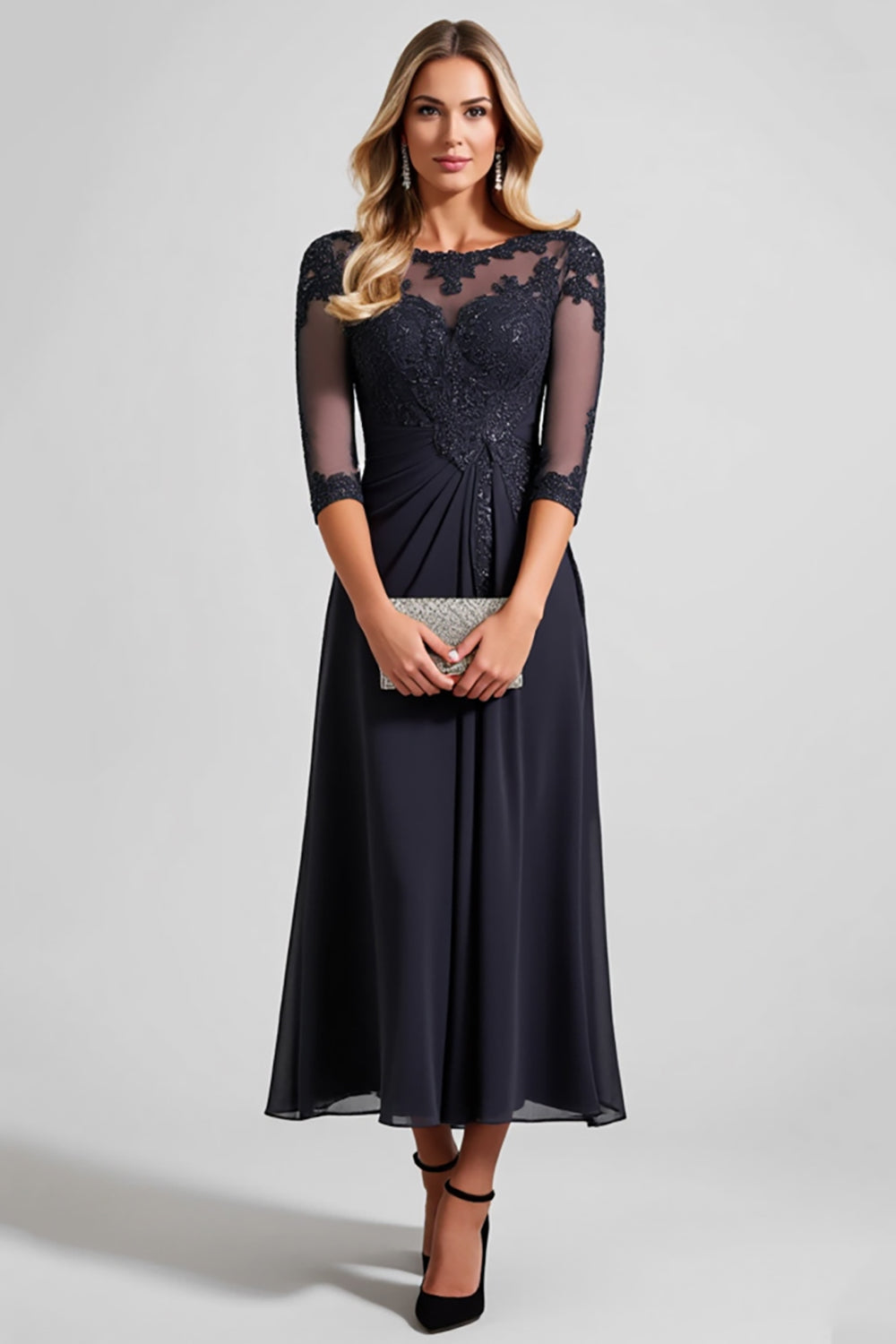 Navy Chiffon Sheath Illusion Neck Long Mother of the Bride Dress