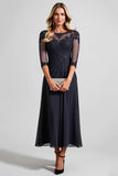 Navy Chiffon Sheath Illusion Neck Long Mother of the Bride Dress