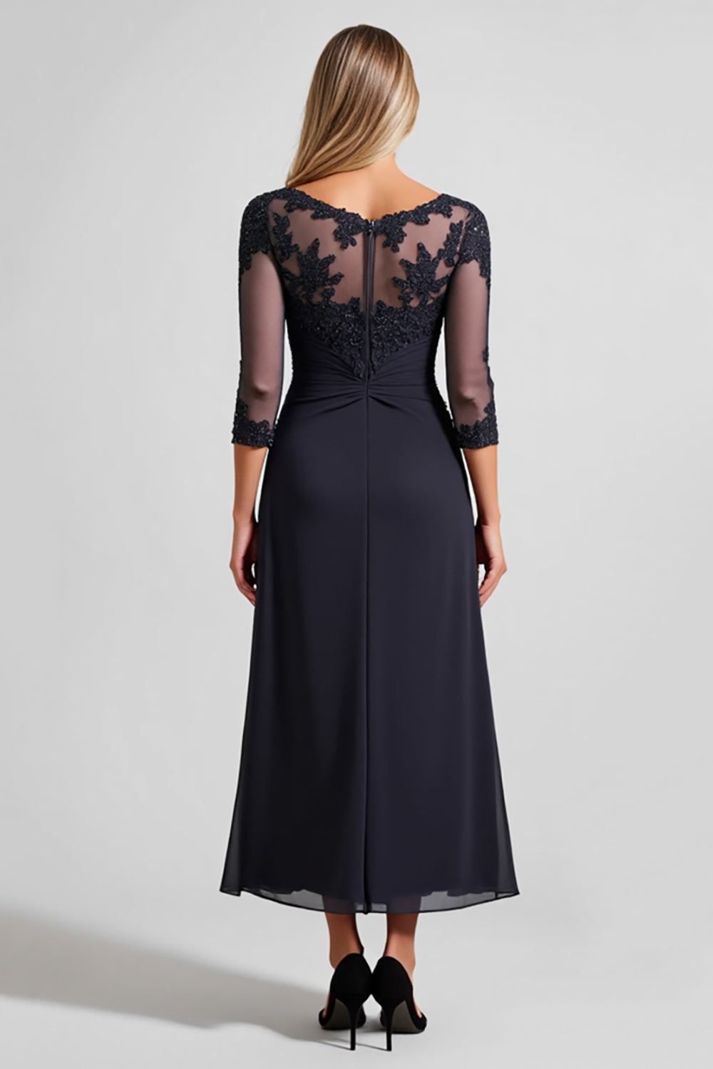 Navy Chiffon Sheath Illusion Neck Long Mother of the Bride Dress