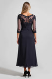 Navy Chiffon Sheath Illusion Neck Long Mother of the Bride Dress