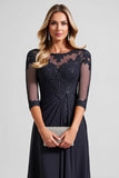 Navy Chiffon Sheath Illusion Neck Long Mother of the Bride Dress