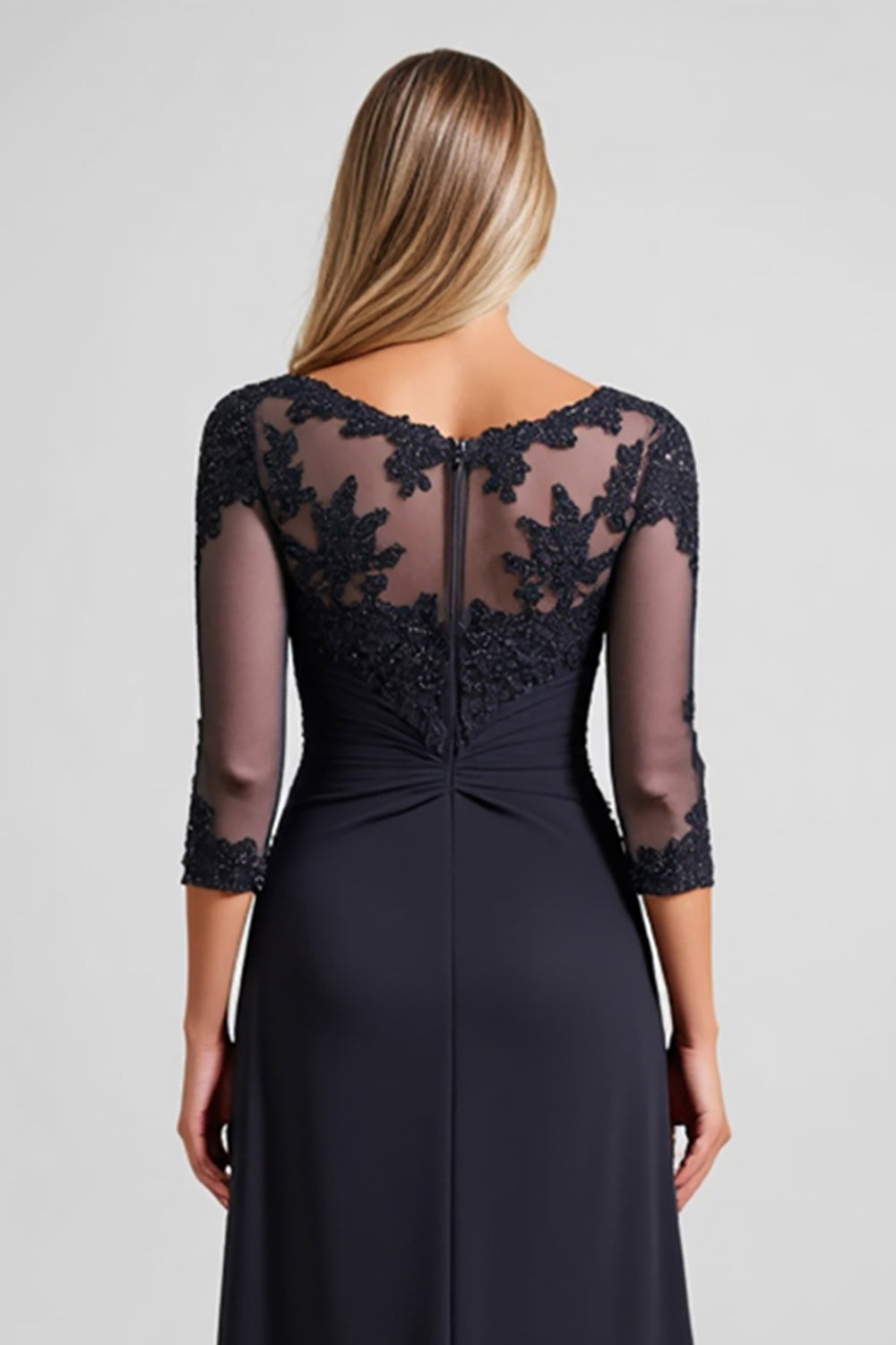 Navy Chiffon Sheath Illusion Neck Long Mother of the Bride Dress
