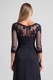 Navy Chiffon Sheath Illusion Neck Long Mother of the Bride Dress
