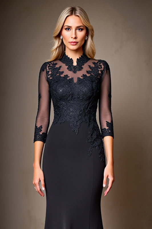 Black Mermaid Satin Long Appliqued Mother of the Bride Dress with 3/4 Sleeves