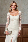 Champagne Appliques Long Sleeves Mother of the Bride Dress with Slit