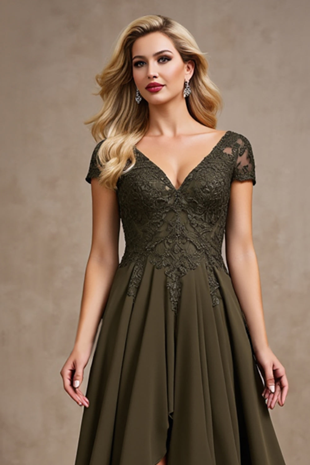 Olive V-Neck Appliques A Line High-Low Mother of the Bride Dress