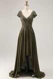 Olive A Line V-Neck High-Low Mother of the Bride Dress with Lace