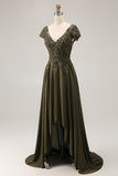 Olive A Line V-Neck High-Low Mother of the Bride Dress with Lace