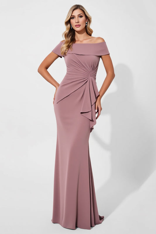 Vintage Mauve Off the Shoulder Ruched Long Mother of the Bride Dress