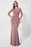 Vintage Mauve Off the Shoulder Ruched Long Mother of the Bride Dress