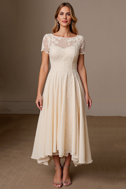 Apricot A Line Chiffon Boat Neck Long Mother of the Bride Dress with Short Sleeves