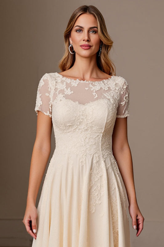 Apricot A Line Chiffon Boat Neck Long Mother of the Bride Dress with Short Sleeves