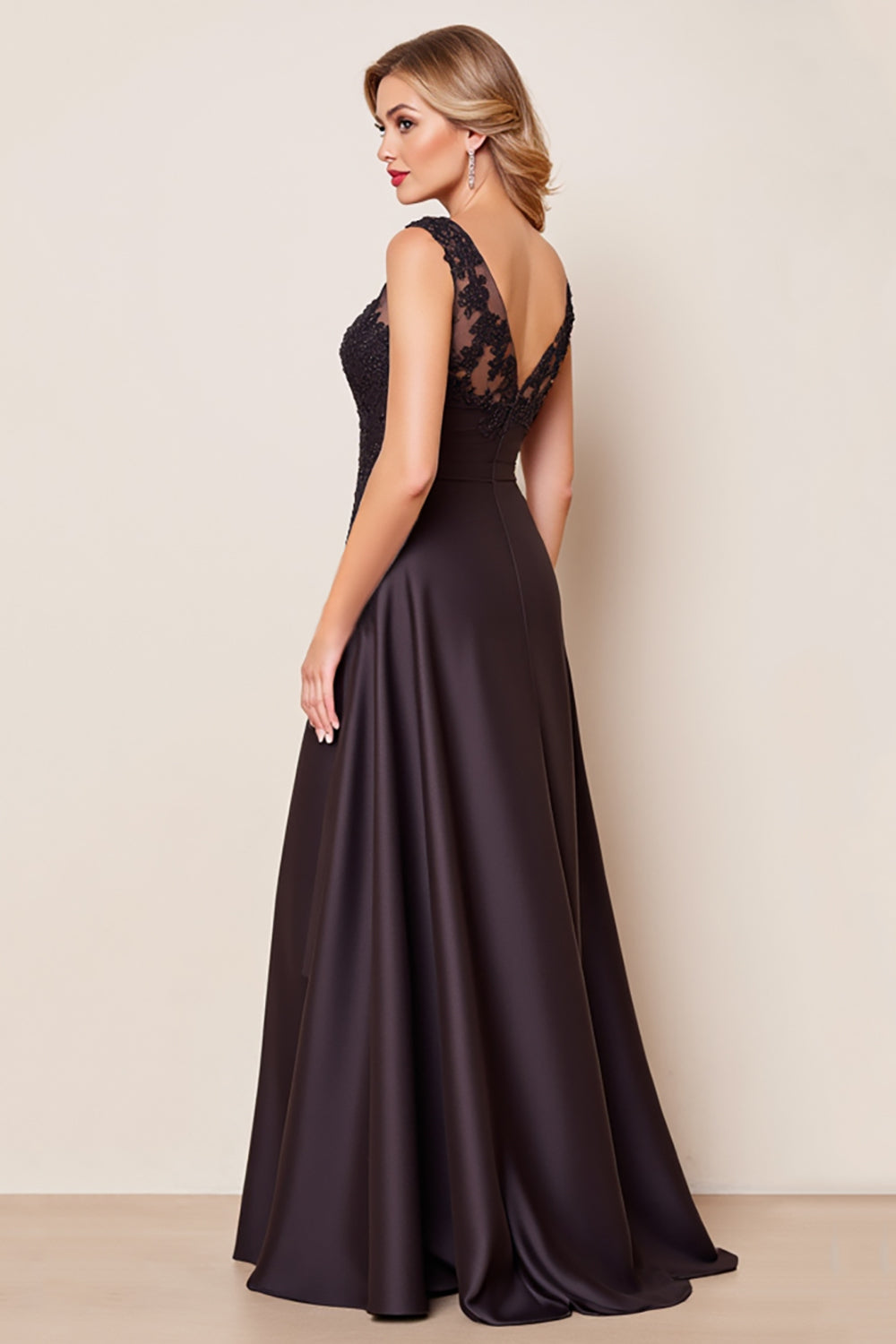 Black Satin V-Neck A Line Long Mother of the Bride Dress with Appliques