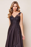 Black Satin V-Neck A Line Long Mother of the Bride Dress with Appliques